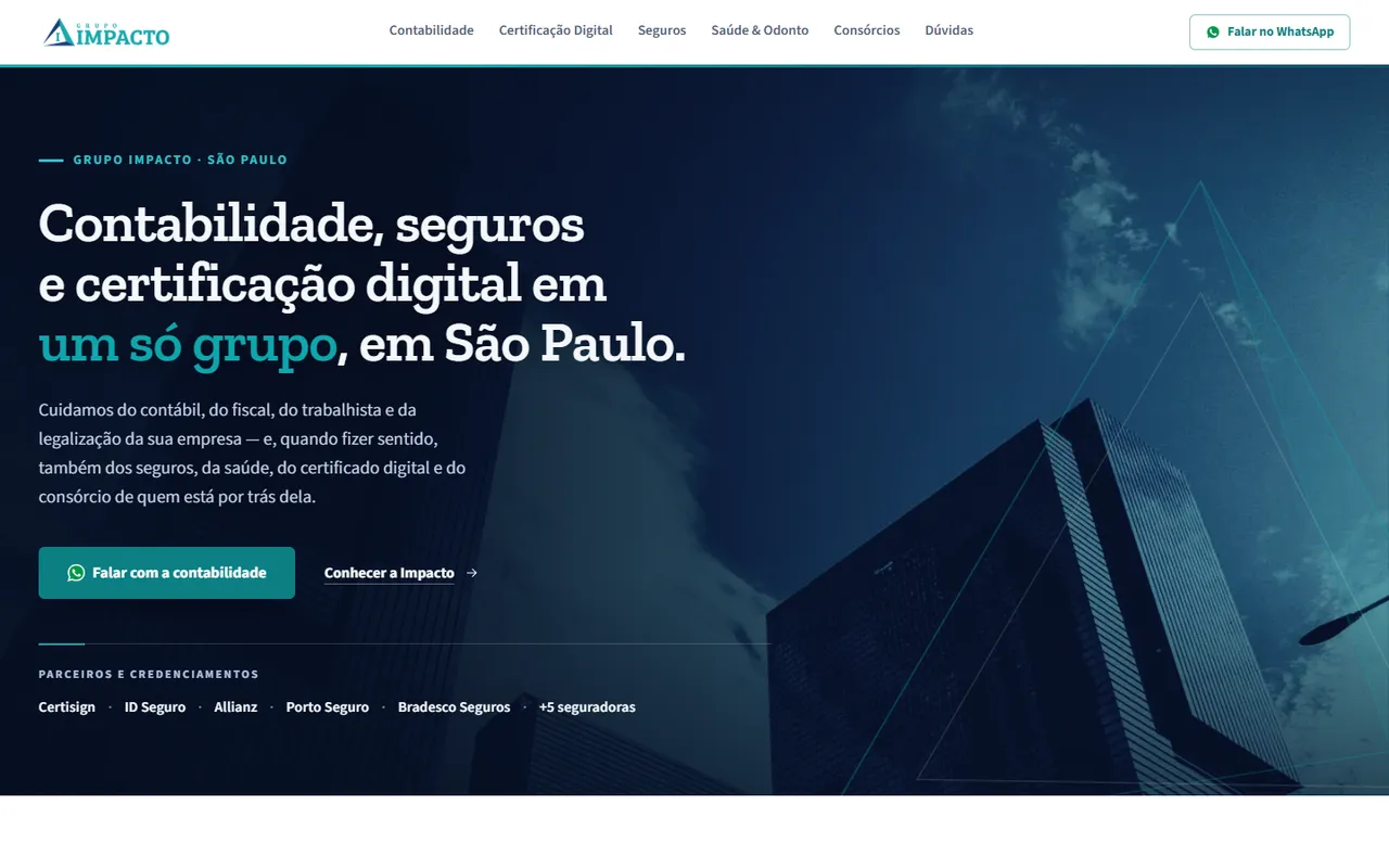 Página inicial do site Impacto Assessores no computador
